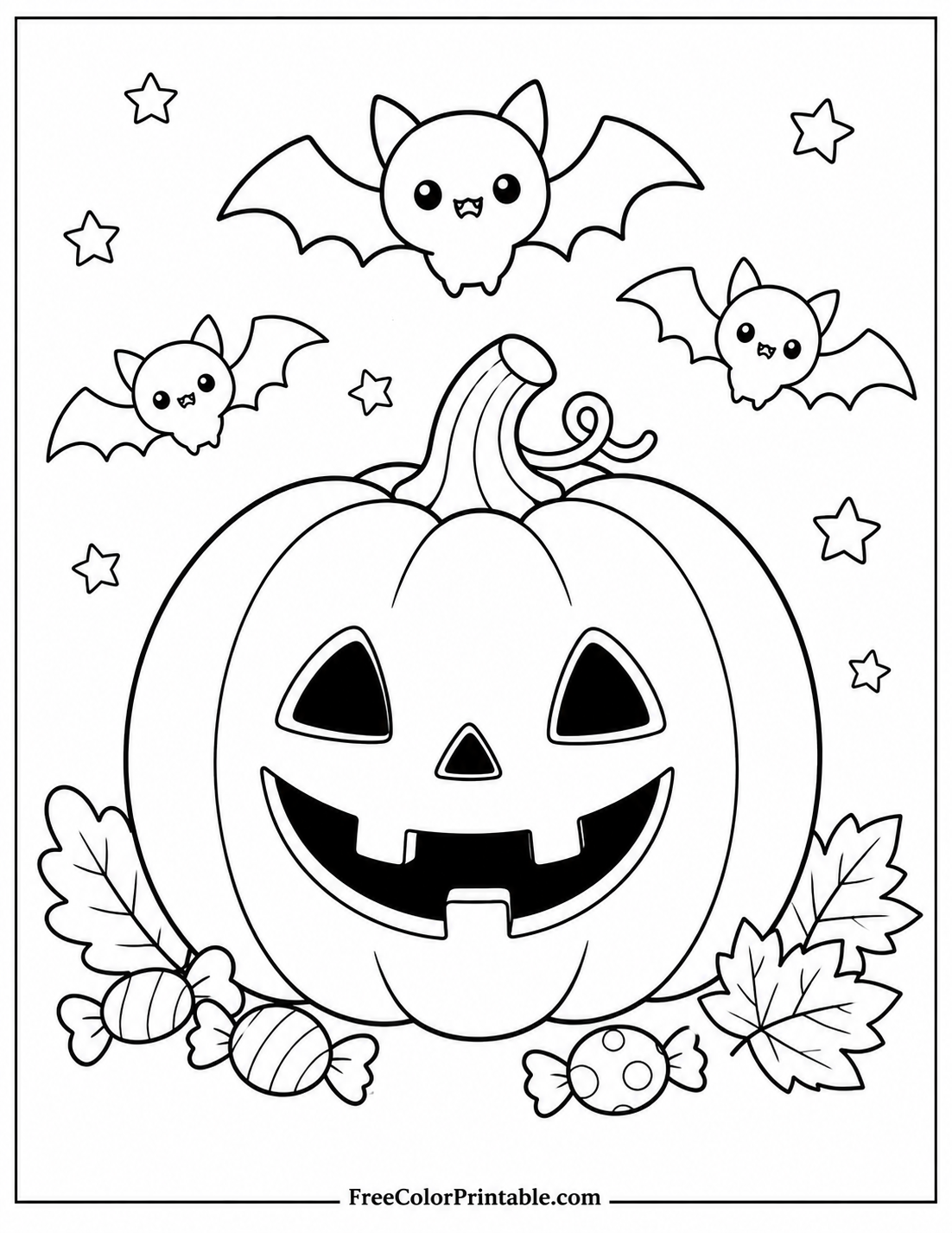 Halloween pumpkin with bats and candy Coloring Page — Free Printable — free printable coloring page